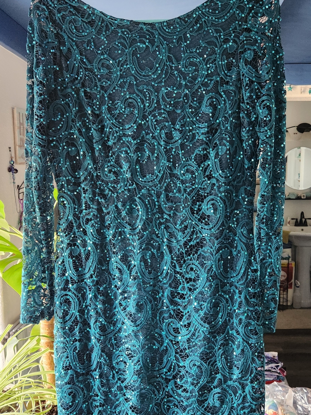 Marina Teal Sequin Lace Long Sleeve Dress Size 10